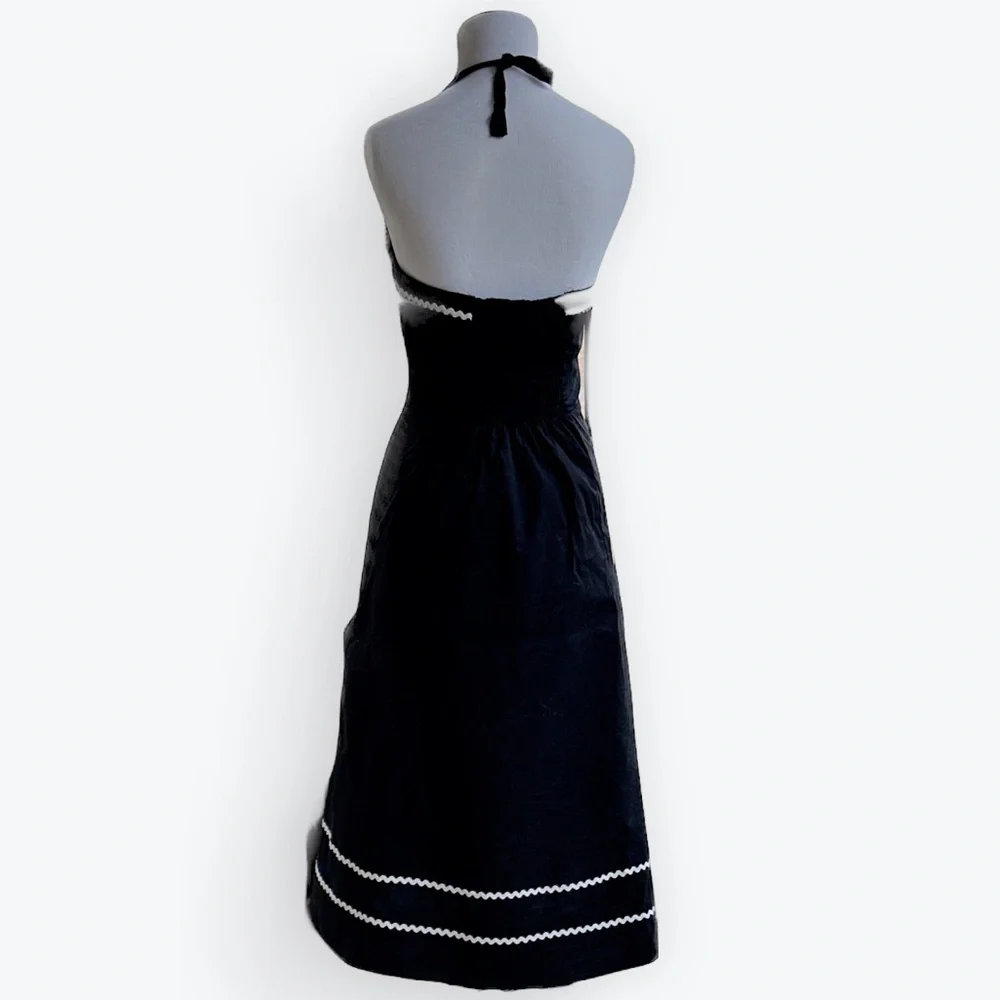 Cynthia Rowley Black Cotton Halter Sundress Circle Skirt RickRack Whimsigoth ~ M - Picture 6 of 15